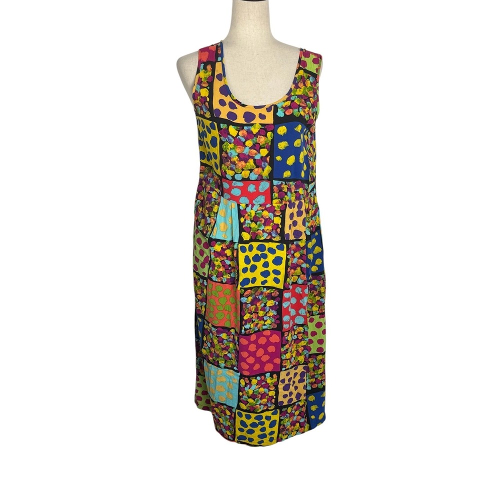 Jams World Womens Multi Color Patchwork Polka‎ Dot Rayon Midi Dress M Pockets